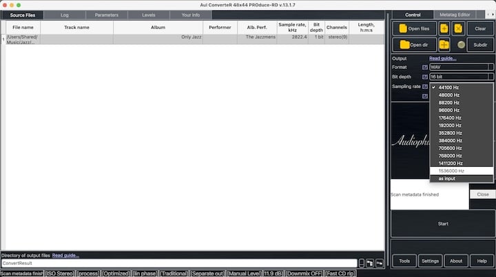screenshot AuI ConverteR supported sample rates